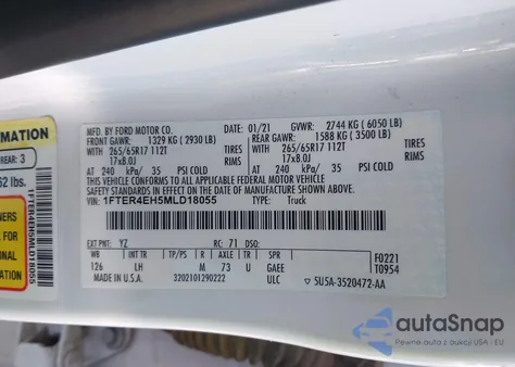 2021 Ford Ranger Xlt из США, поврежденный, VIN 1FTER4EH5MLD18055